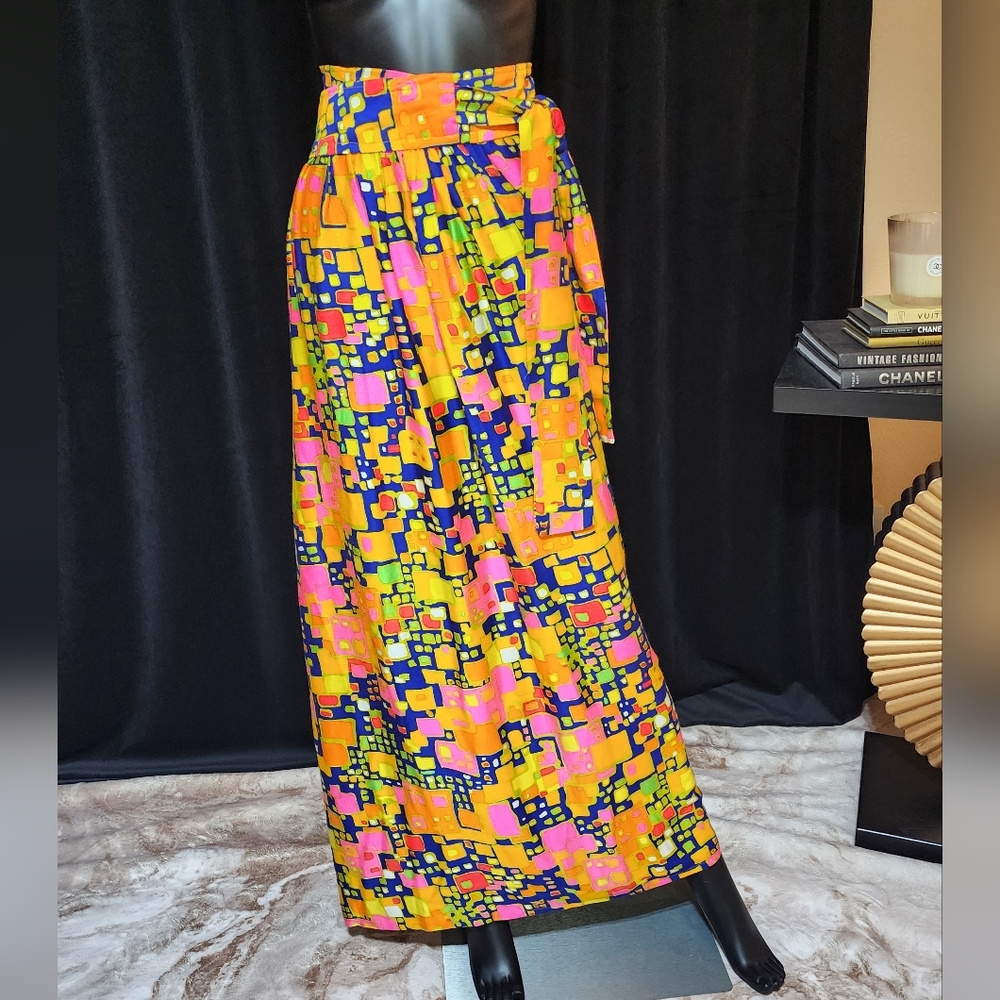 VINTAGE 1970S SCREEN PRINT MAXI WRAP SKIRT BOLD ABSTRACT PRINT SIZE SMALL - Picture 7 of 10
